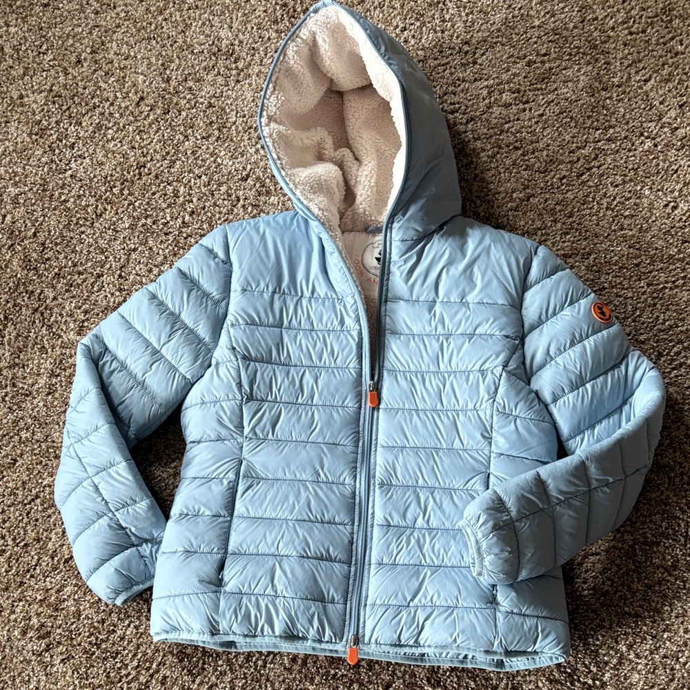 Save the Duck. Light Blue Quilted Hooded Jacket.
